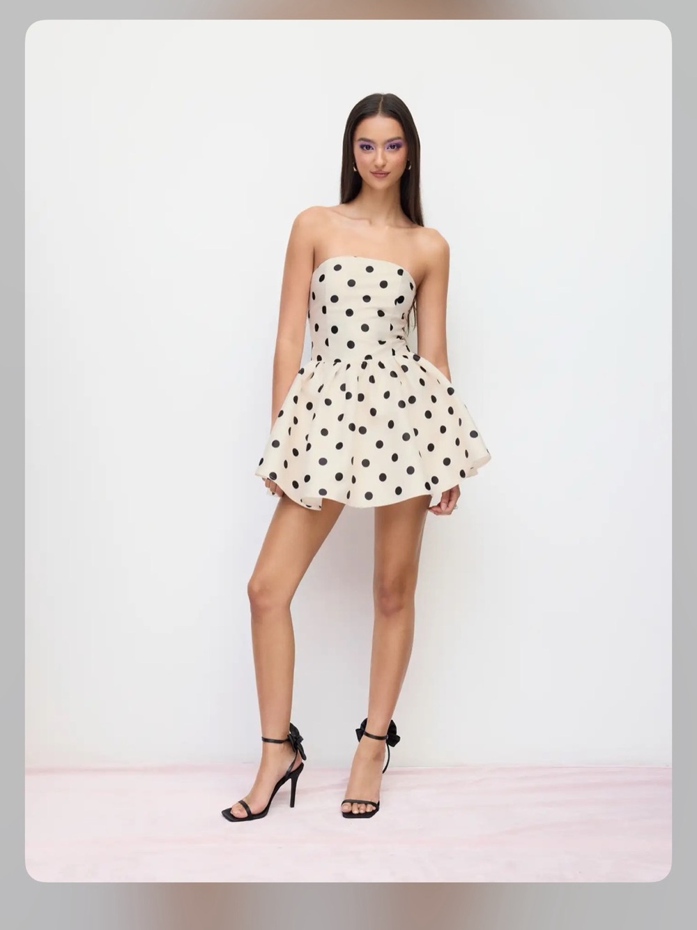 POLKA DOT RUFFLE BOWKNOT SHIRRED BANDEAU MINI DRESS S